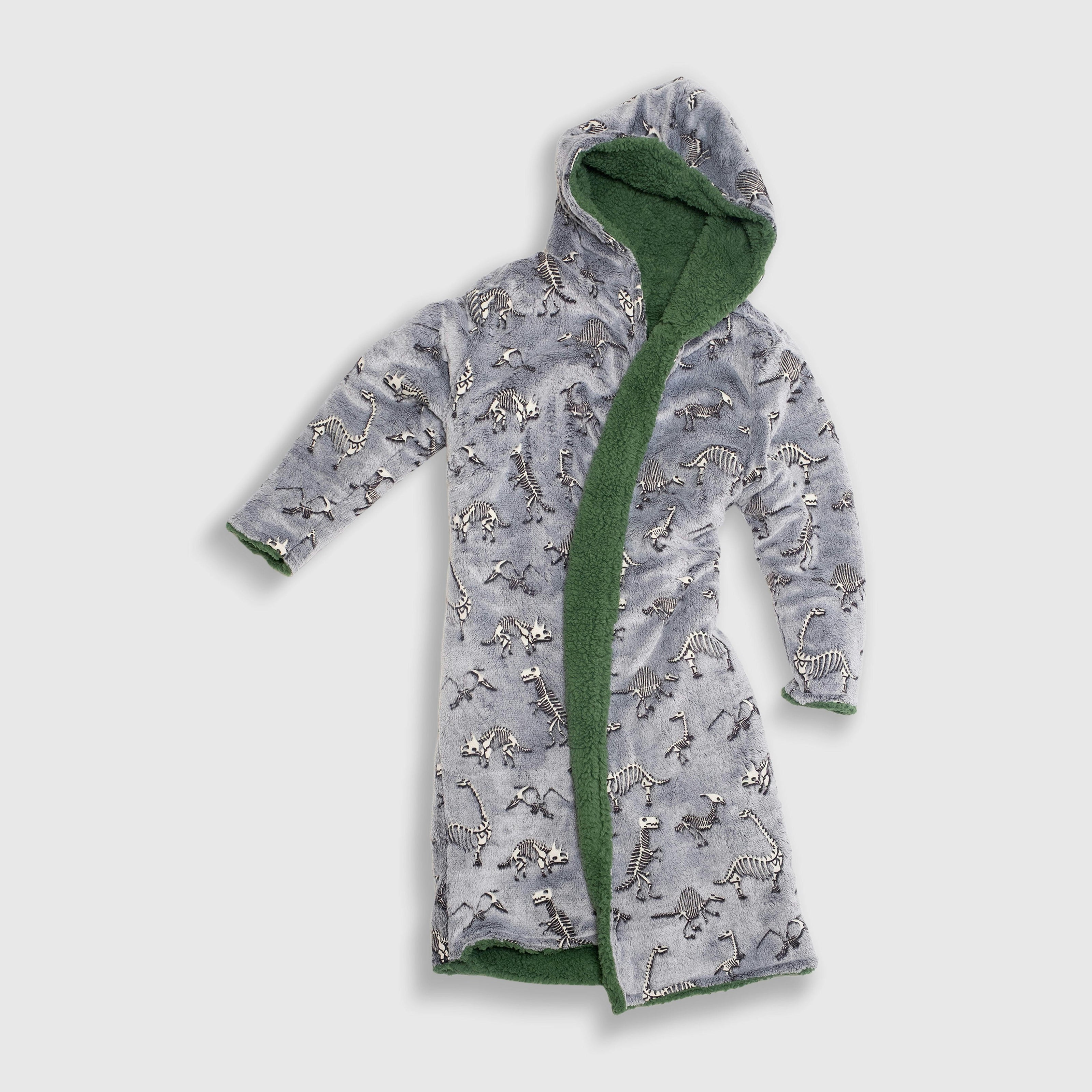Cozy Switch Robe – Reversible Glow-in-the-Dark & Sherpa Robe for Kids, Green Dino Bones
