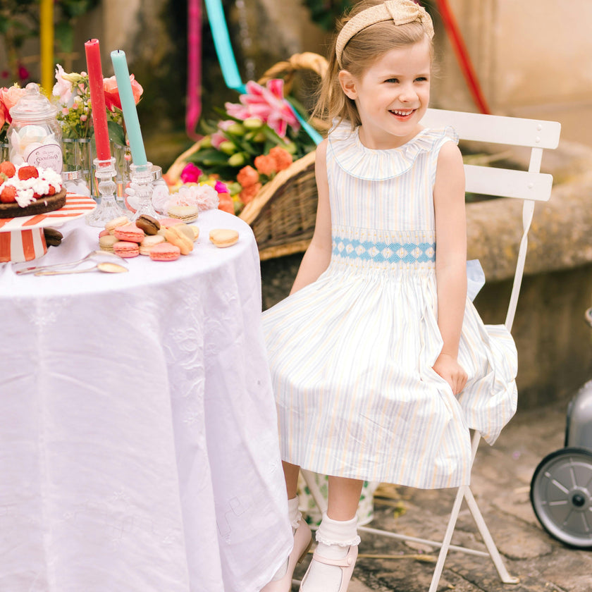 Capucine Blue Yellow Stripe Sleeveless Smocked Dress