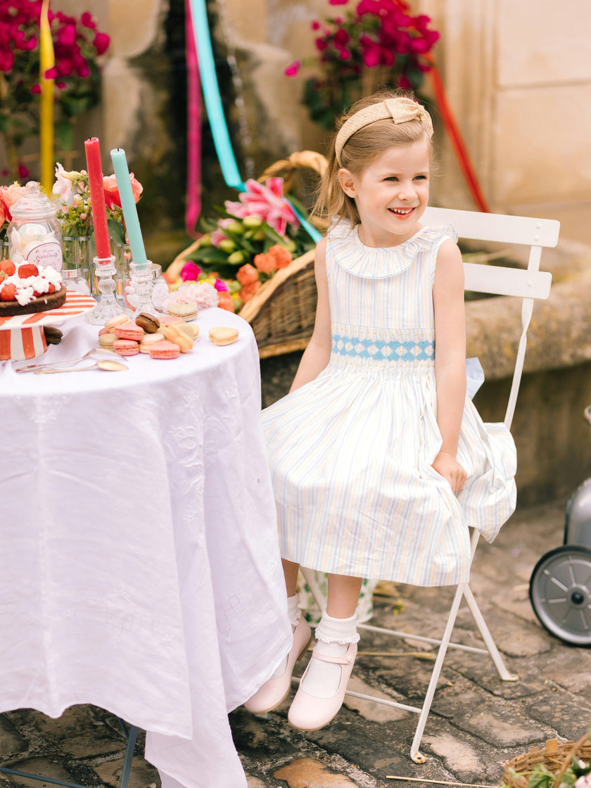 Capucine Blue Yellow Stripe Sleeveless Smocked Dress