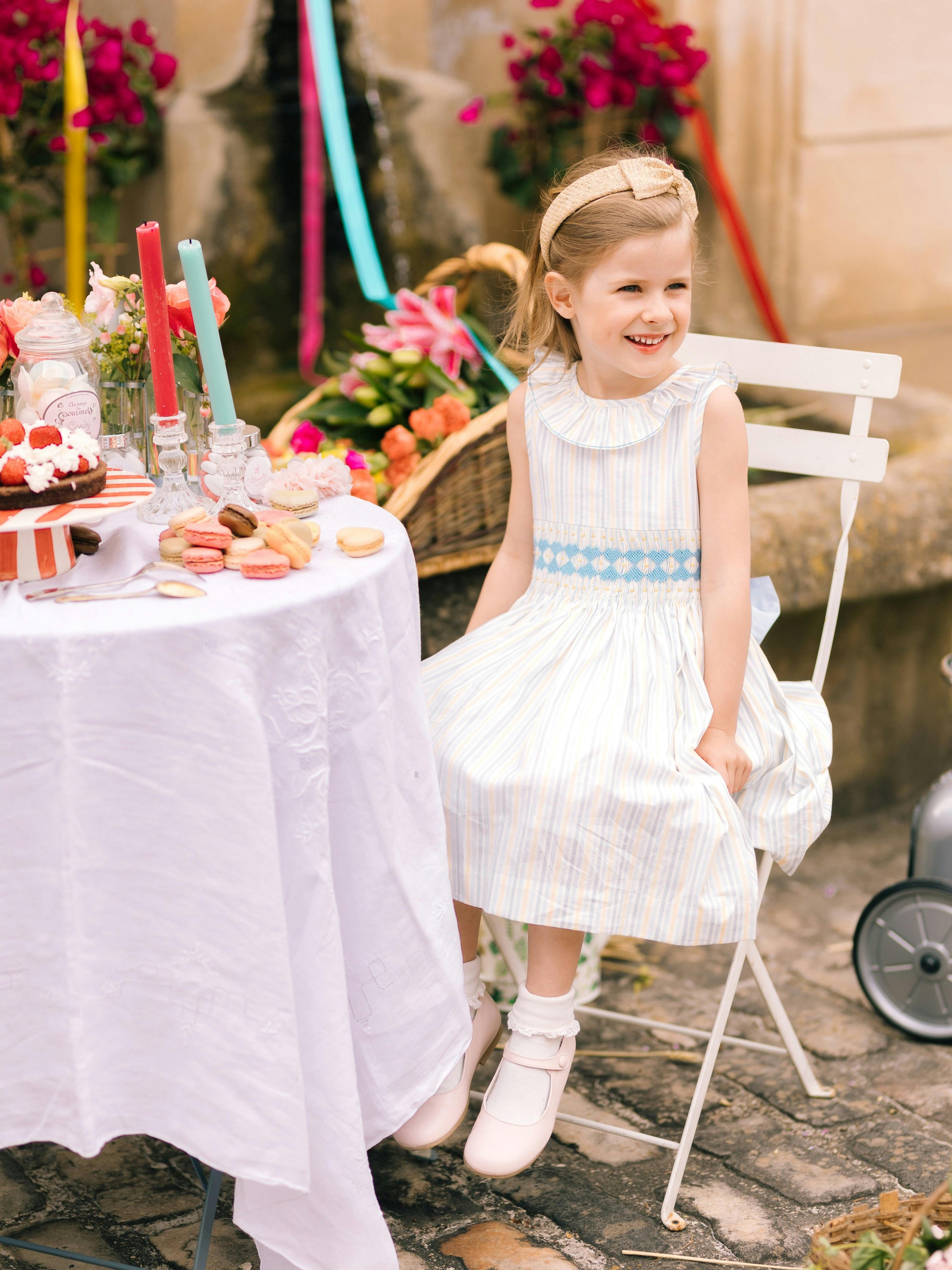 Capucine Blue Yellow Stripe Sleeveless Smocked Dress