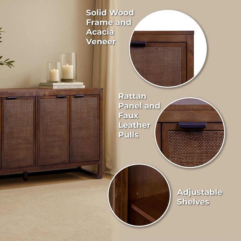 Hatteras Sideboard Cabinet with 4 Rattan Inlay Doors and Adjustable Shelf