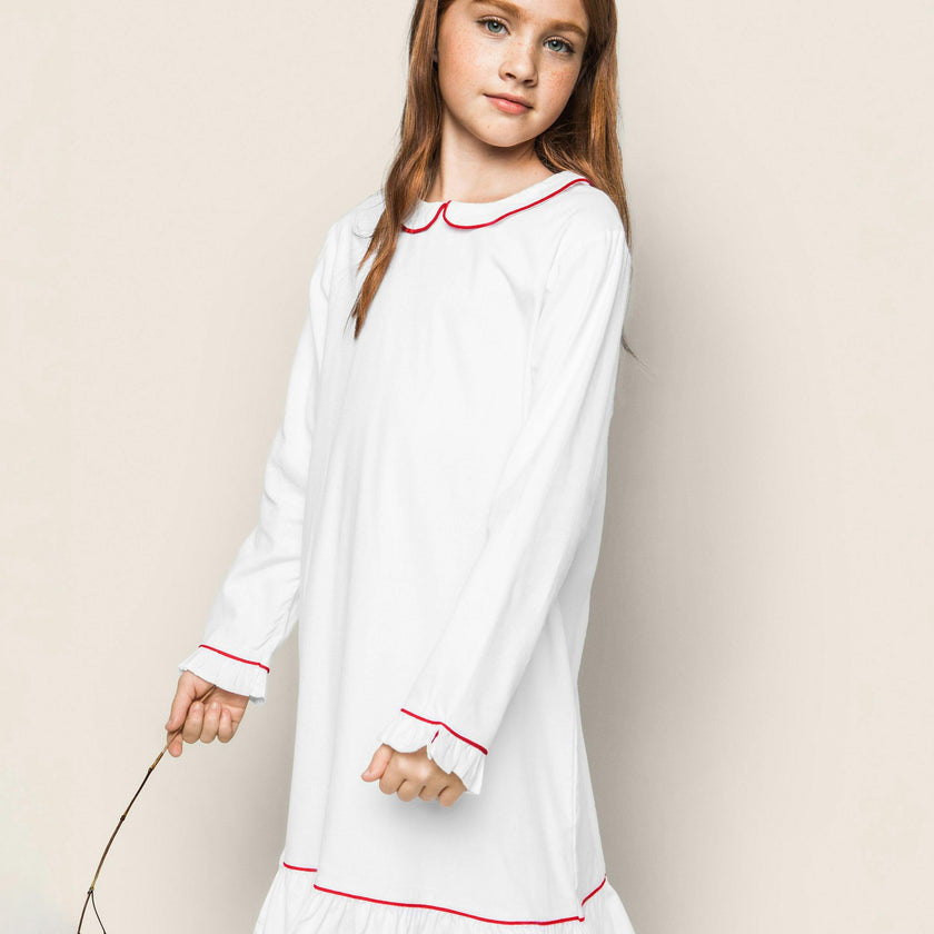 Girl's Twill Sophia Nightgown in White with Red Piping