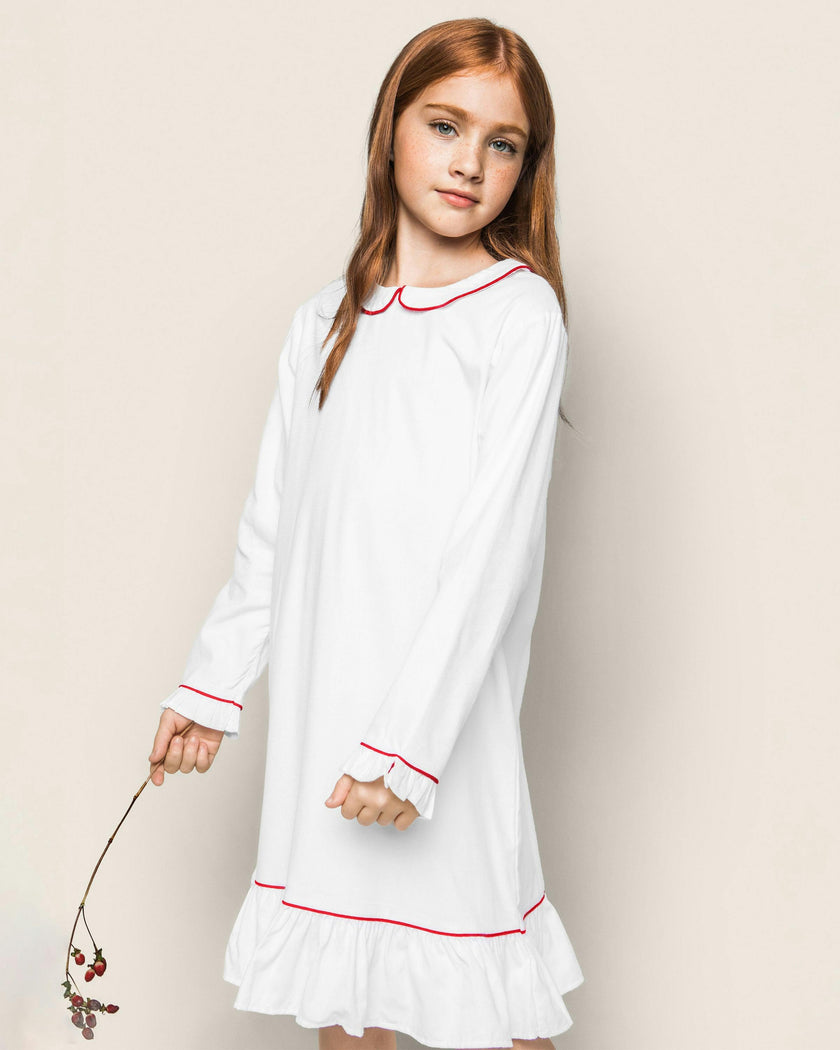 Girl's Twill Sophia Nightgown in White with Red Piping