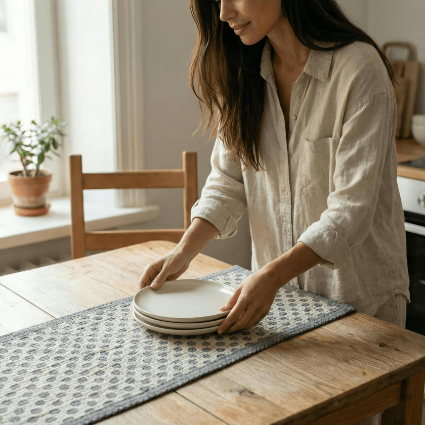 Artisan Hand Loomed Cotton Table Runner - Navy Dots - 18"x96"