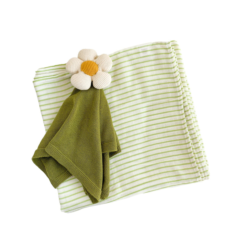 Green Stripe Swaddle and Lovey Set - Flower