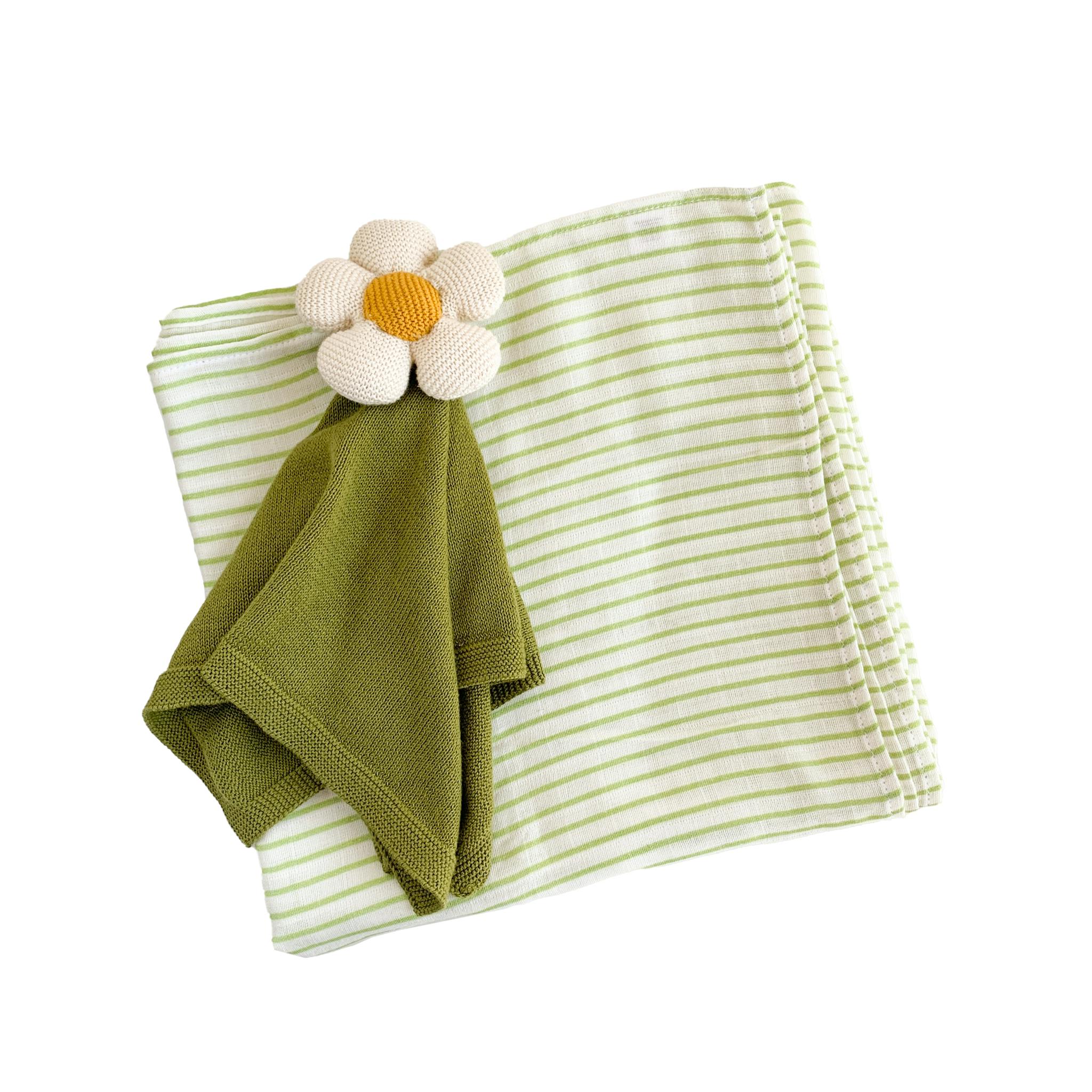 Green Stripe Swaddle and Lovey Set, Flower