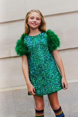 Feather Puff Sleeve Sequin Short Party Dress