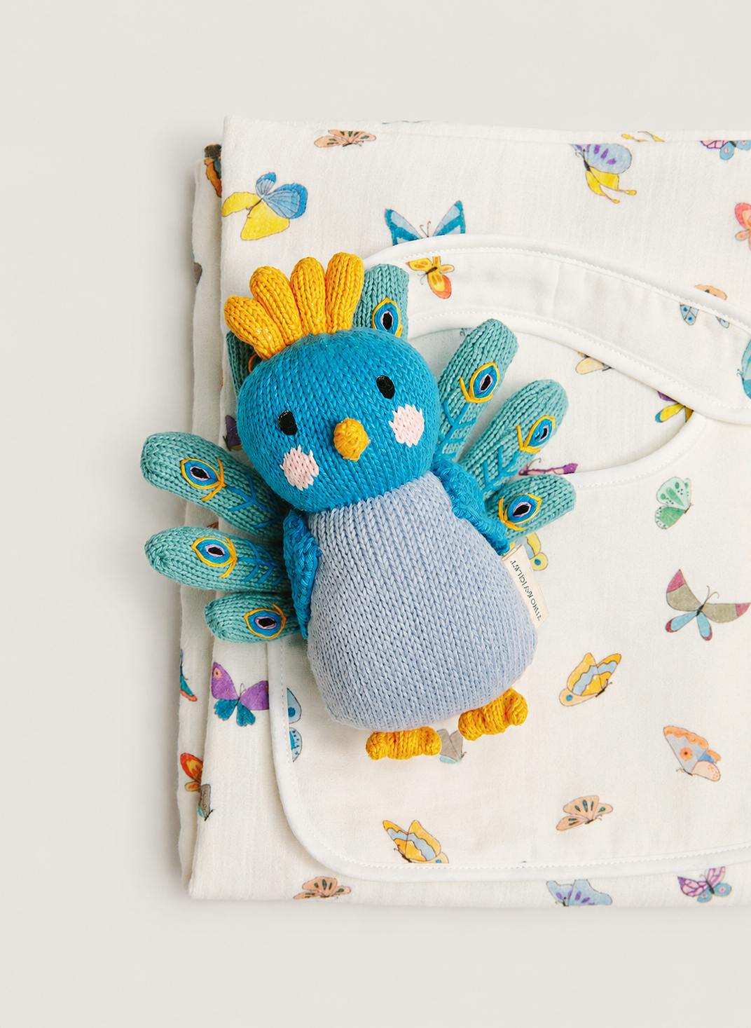 Baby Bib and Shawl Blanket - Madame Butterfly with Violet the Peacock Doll