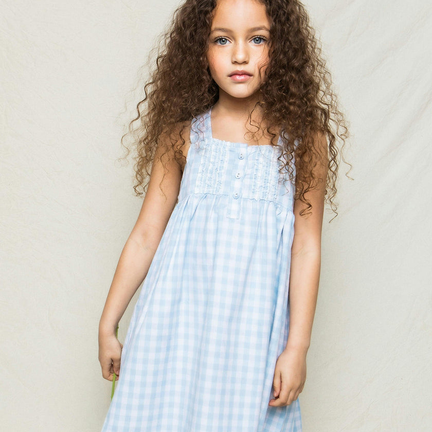 Girl's Twill Charlotte Nightgown in Light Blue Gingham
