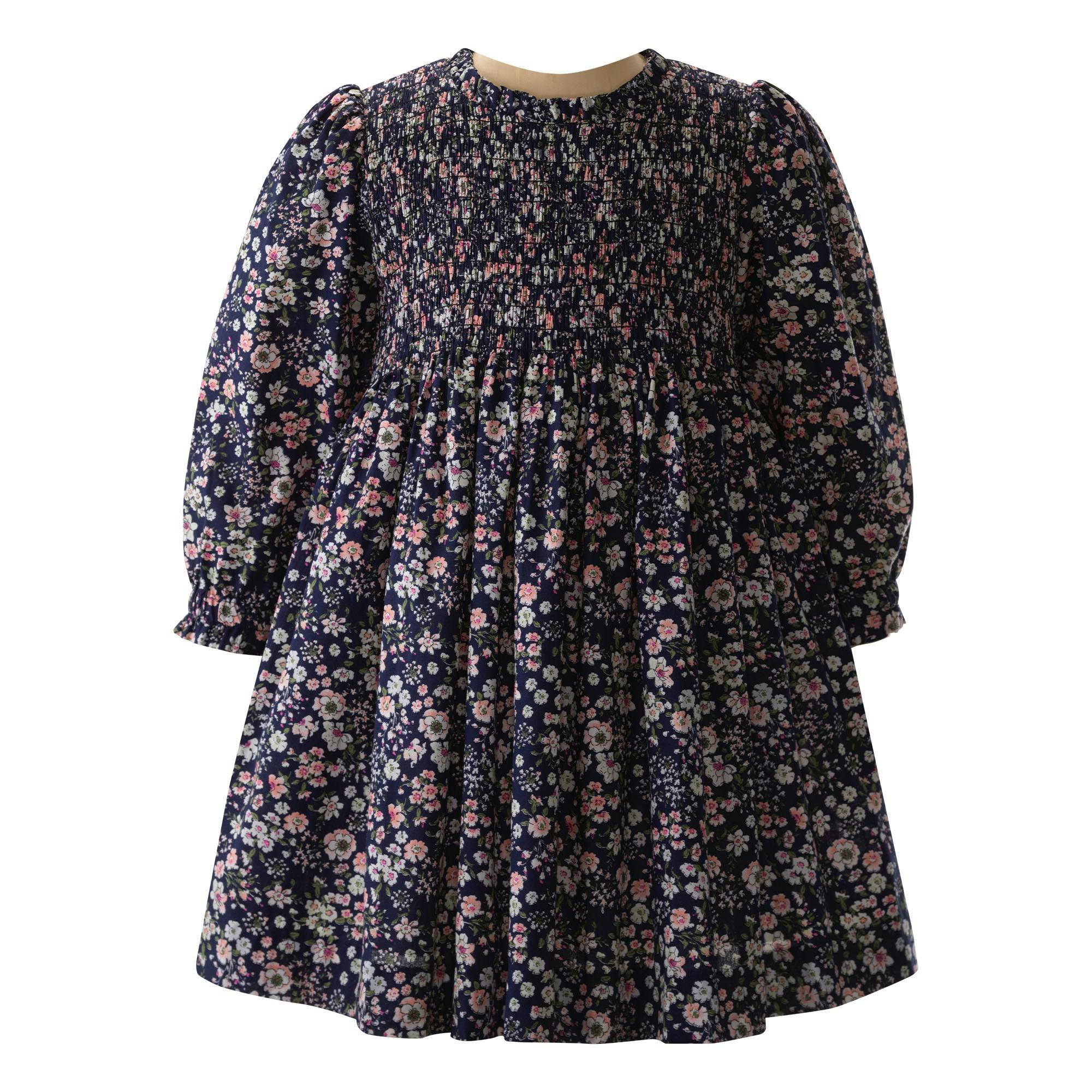 Rose Print Ruched Elastic Sleeve Frill Dress