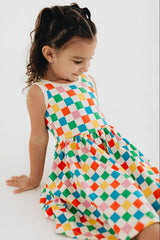 Sleeveless Twirl Dress in Party Checkers