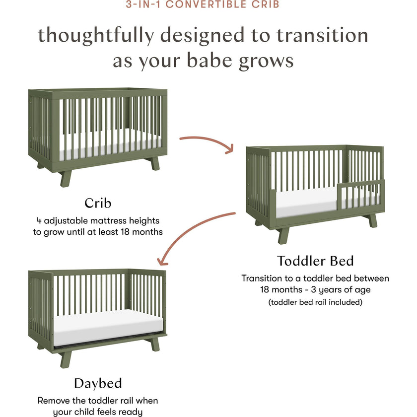 Hudson 3-In-1 Convertible Crib With Toddler Bed Conversion Kit in Olive