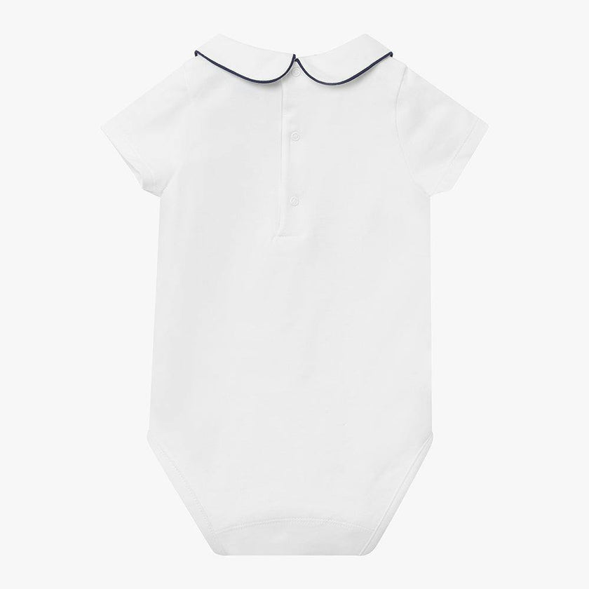 Baby Short-Sleeved Milo Bodysuit in White/Navy