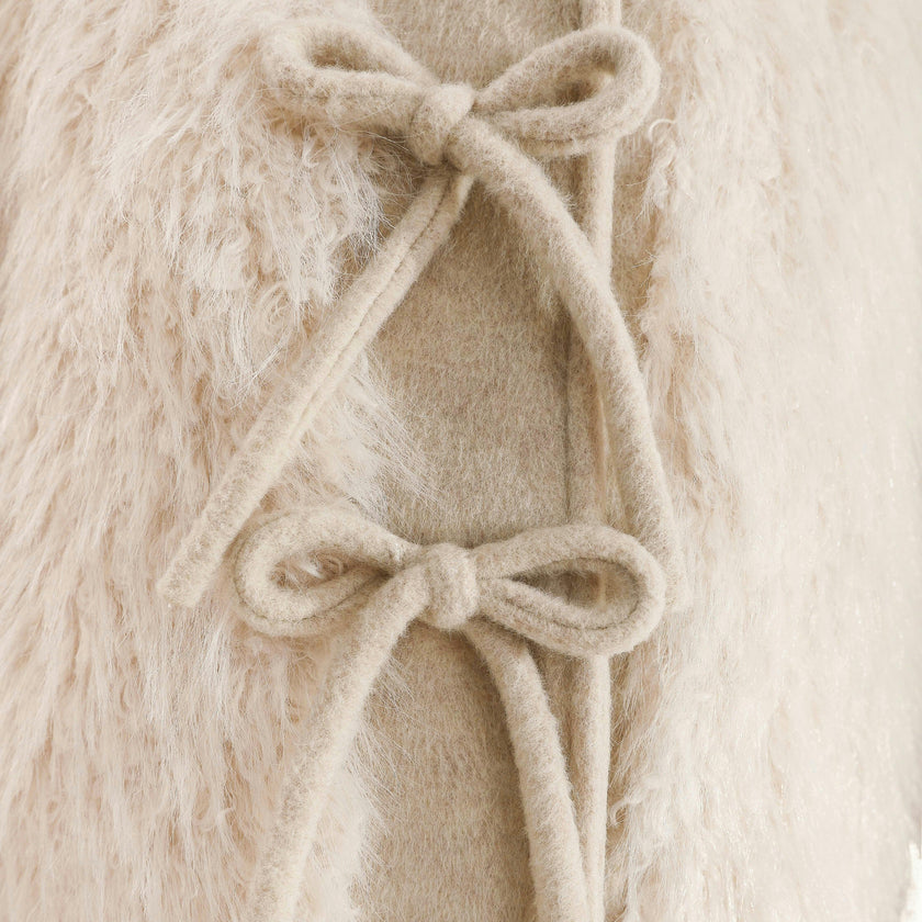 Cream Faux Fur & Wool Bow Coat