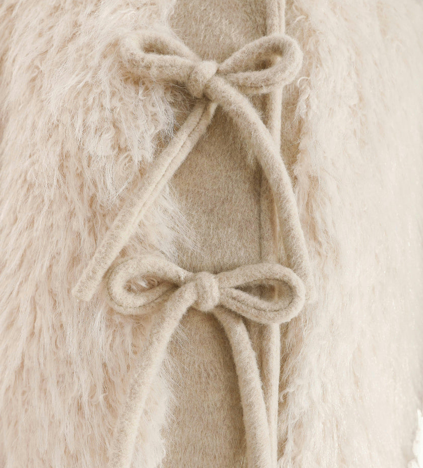 Cream Faux Fur & Wool Bow Coat