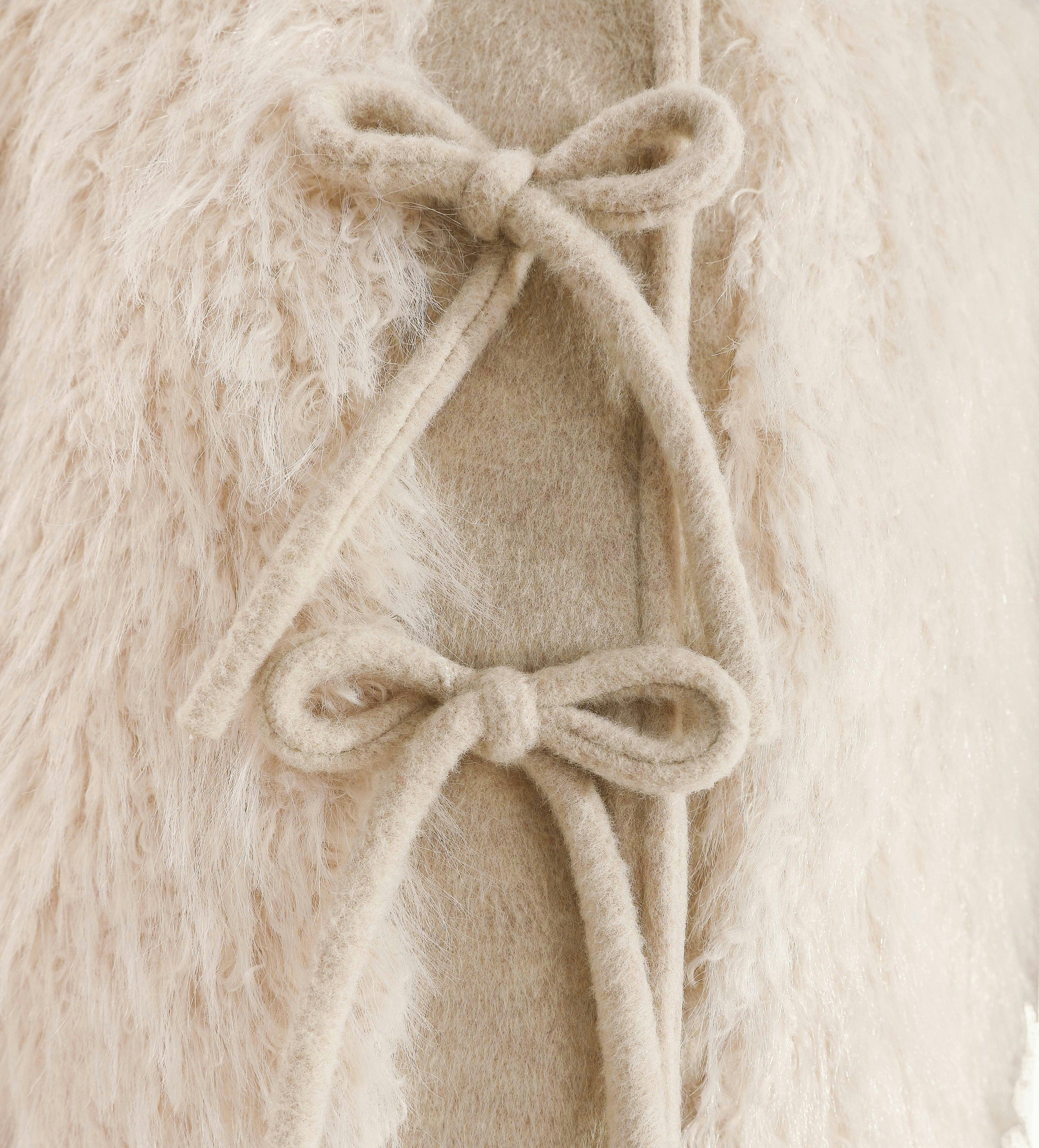 Cream Faux Fur & Wool Bow Coat