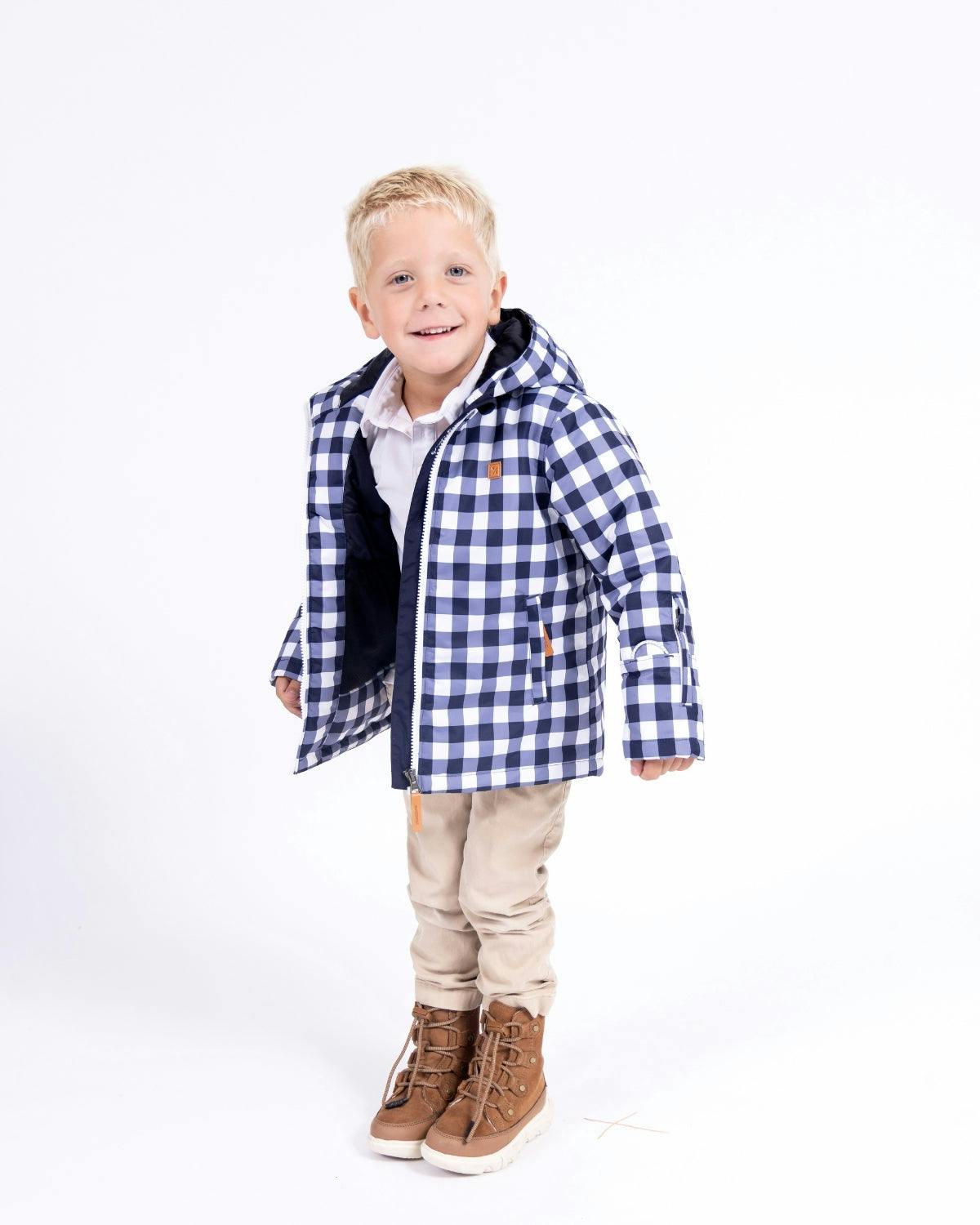 Kids Winter Coat in Navy Gingham