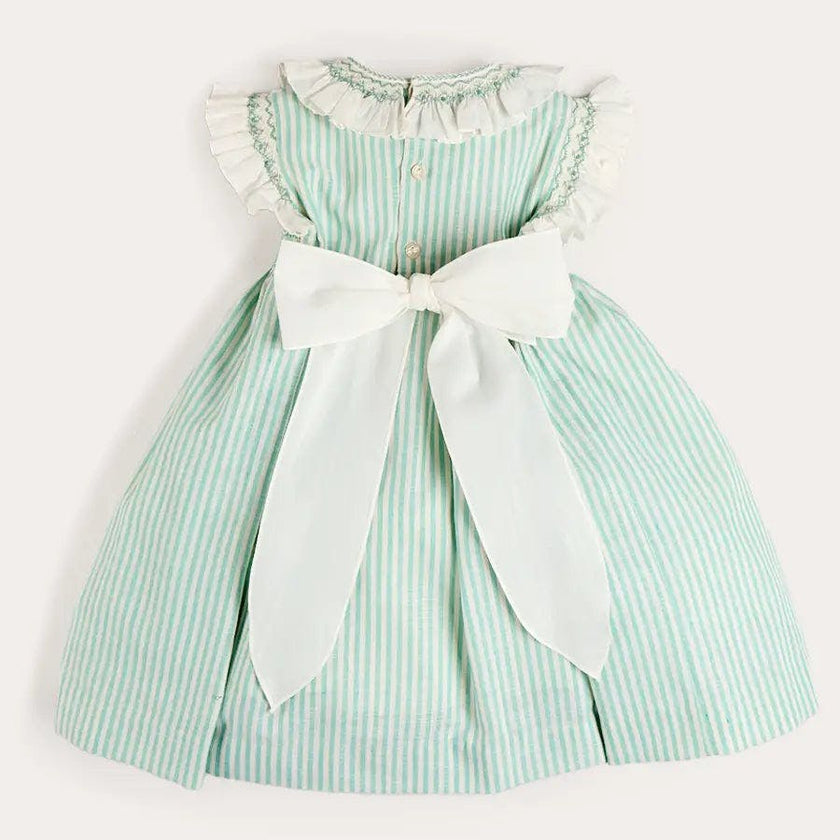 Wimbledon Stripe Hand Smocked Frill Collar Cap Sleeve Dress in Green (12mths- 10yrs)