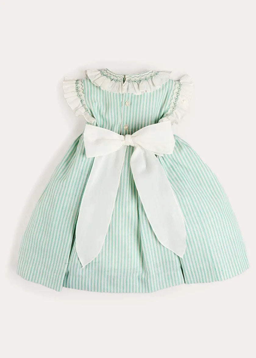 Wimbledon Stripe Hand Smocked Frill Collar Cap Sleeve Dress in Green (12mths- 10yrs)