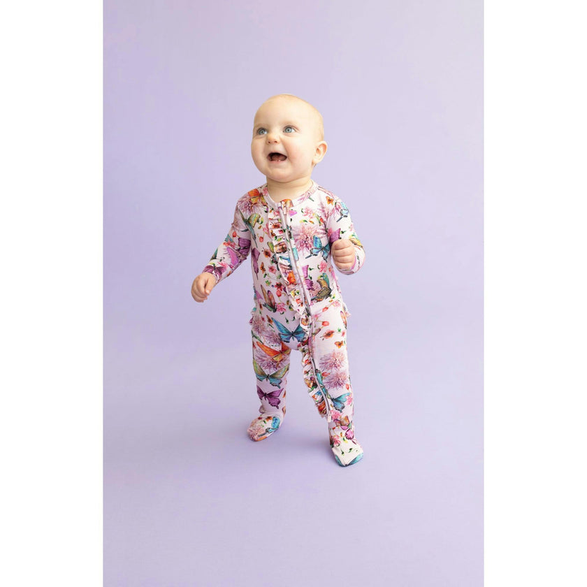 Watercolor Butterfly Footie Ruffled Zippered One Piece