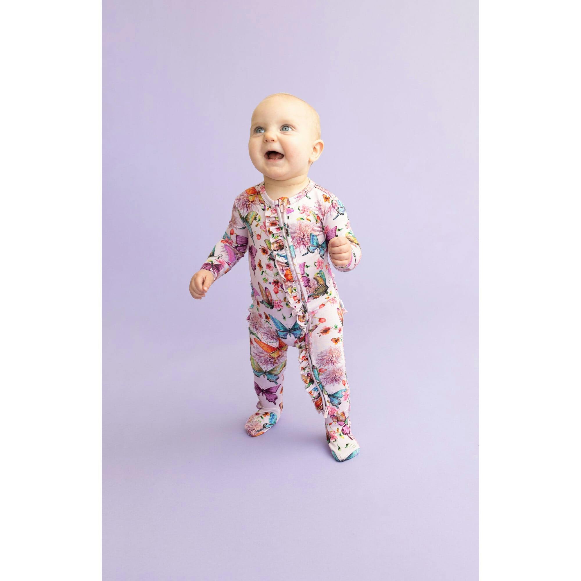Watercolor Butterfly Footie Ruffled Zippered One Piece