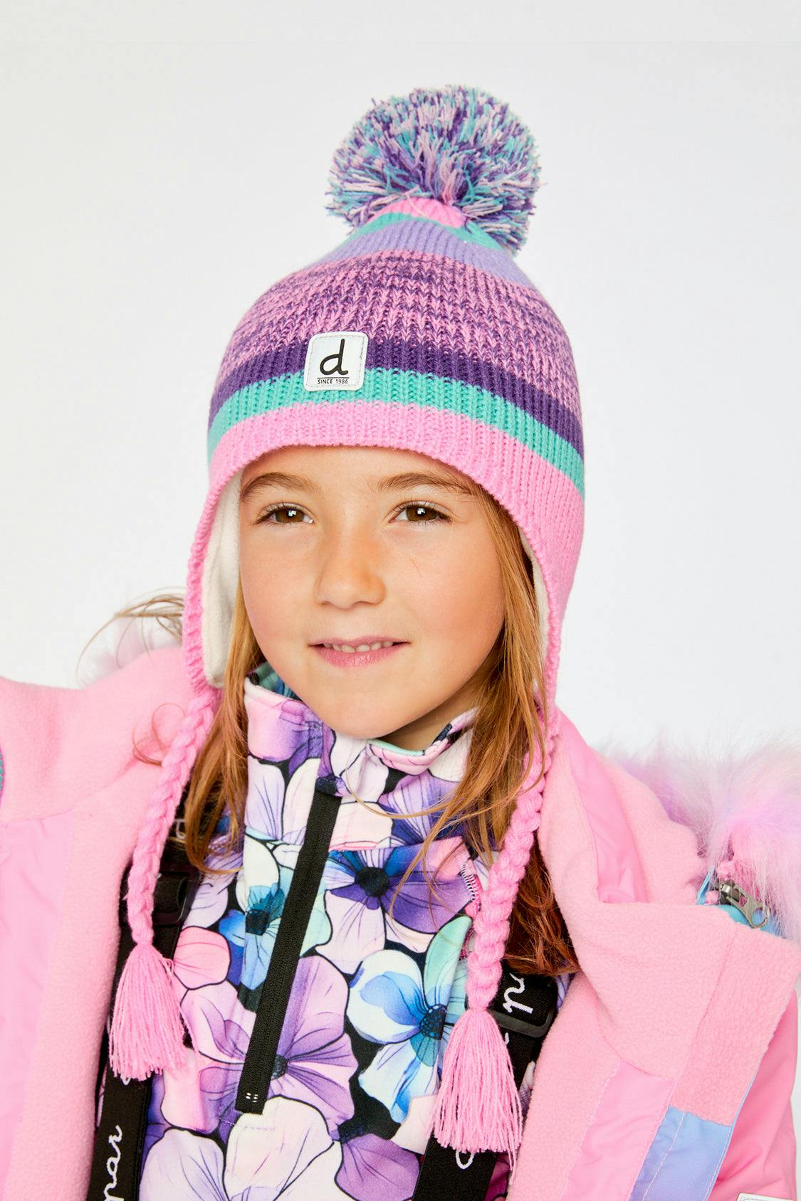 Winter Peruvian Knit Hat with Pompom Mauve and Blue Jacquard