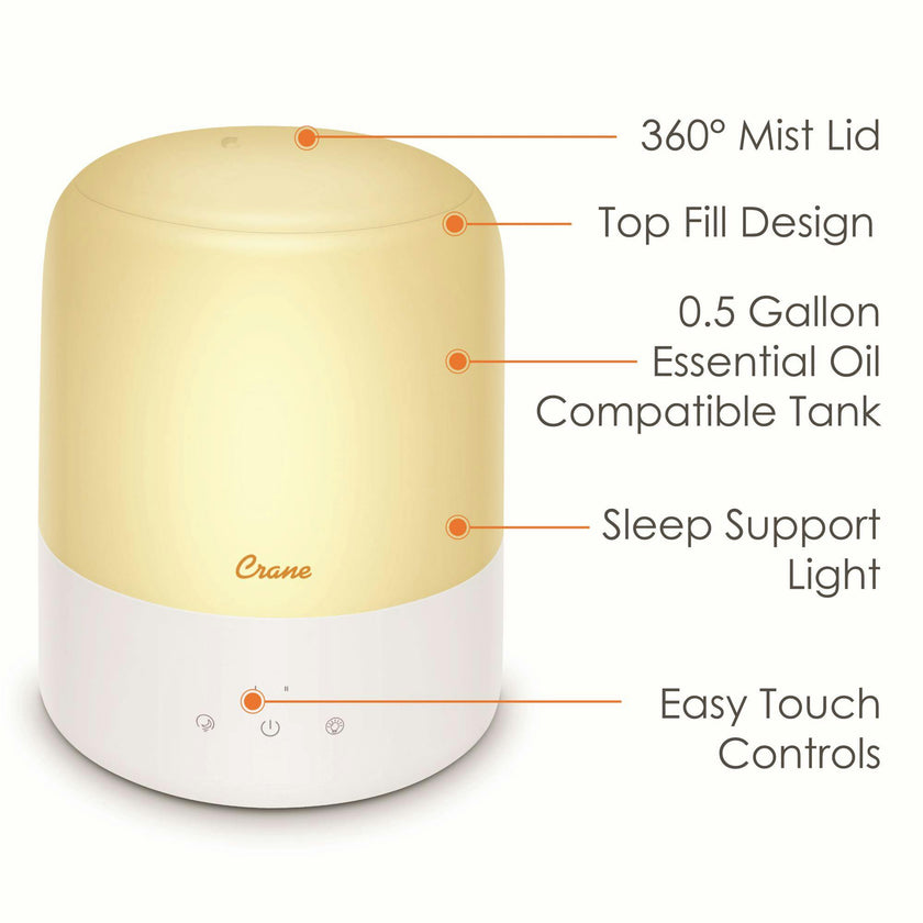 3-in-1 Compact Humidifier, 0.5 Gallon with Sleep Support Light & Aroma Diffuser