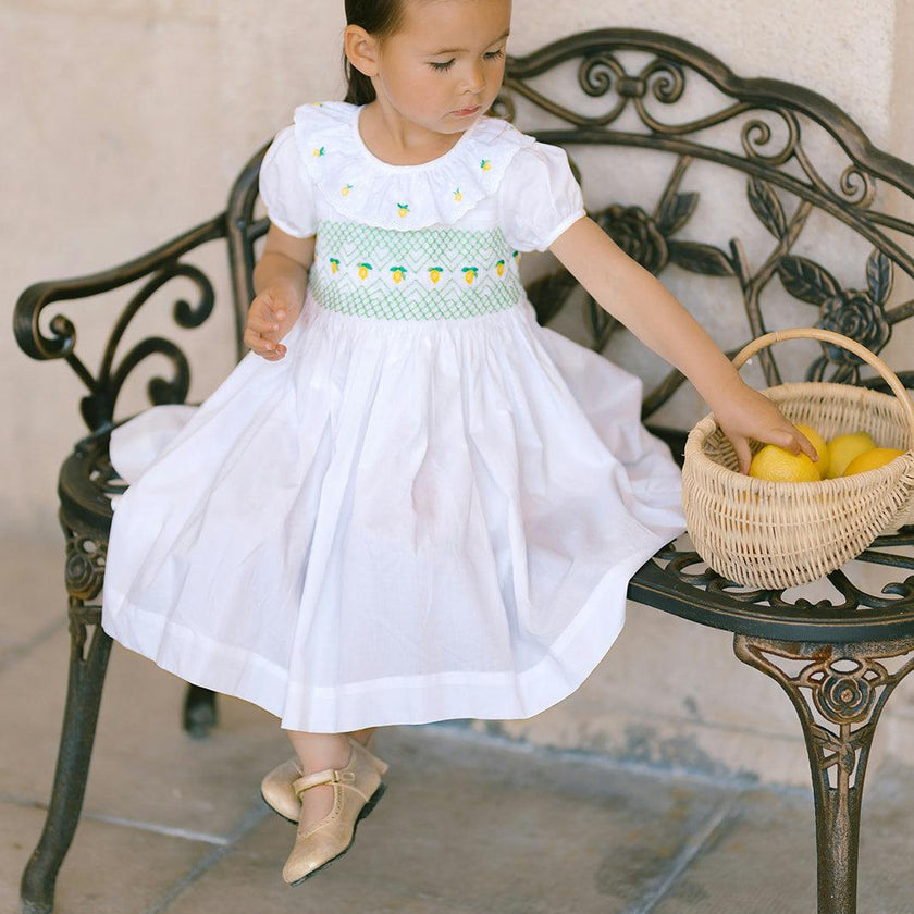 Victoria White Smocked Dress with Hand-Embroidered Lemons