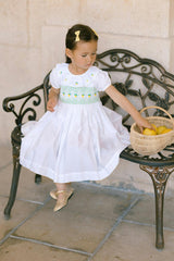 Victoria White Smocked Dress with Hand-Embroidered Lemons