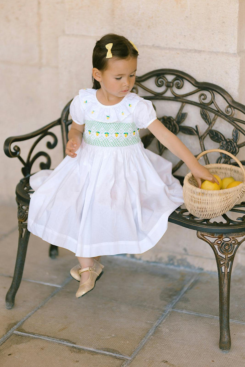Victoria White Smocked Dress with Hand-Embroidered Lemons