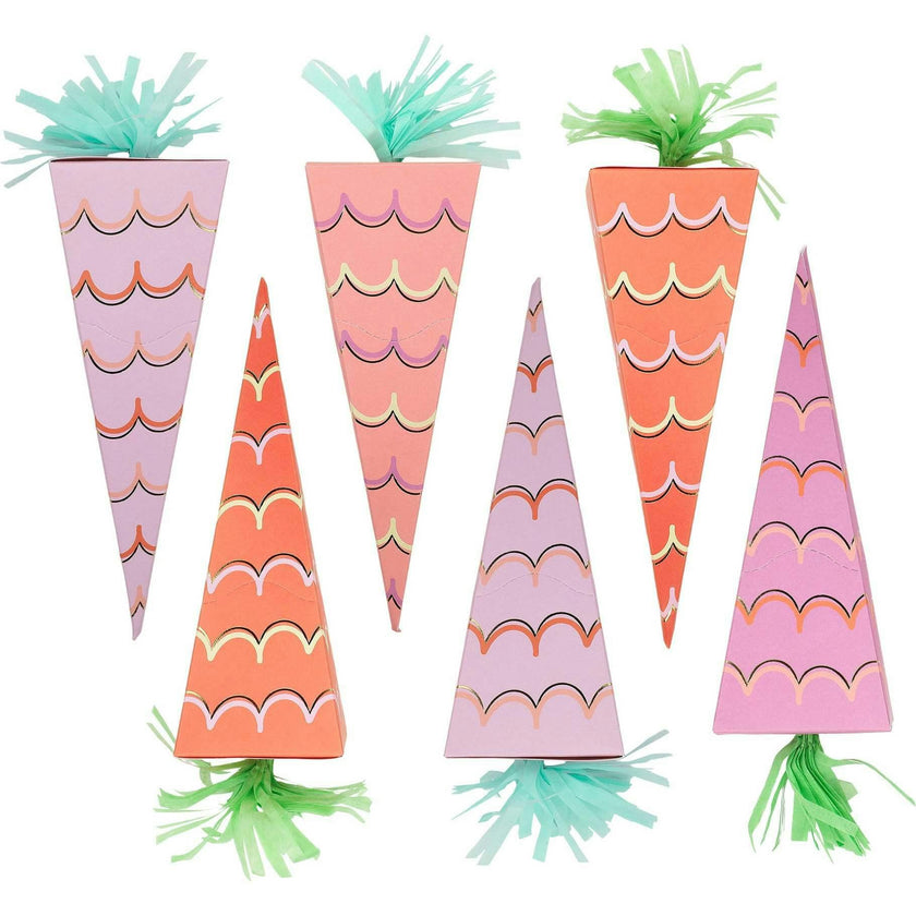 Packed Party Garden Party Carrot Easter Party Crackers Set of 6 - Gold Foil Carrot-Shaped Poppers with Multicolor Confetti and Metal Charm Surprises, 8-9 Inch