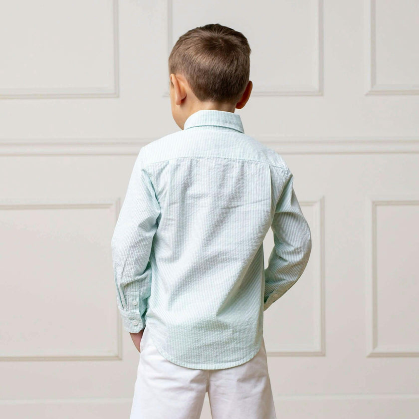 Organic Long Sleeve Seersucker Button Down Shirt, Green