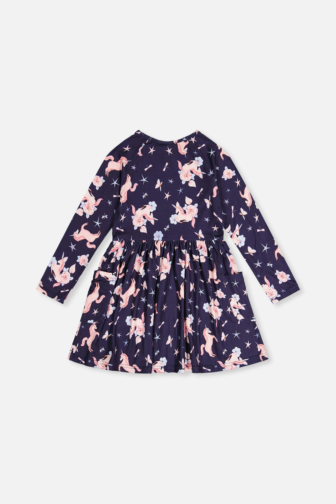 Long Sleeve Dress Navy Unicorn Print