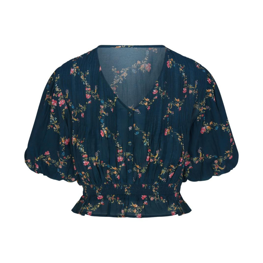 Women's Maeve V-Neck Short Puff Sleve Smocked Waist Crop Top, Multi