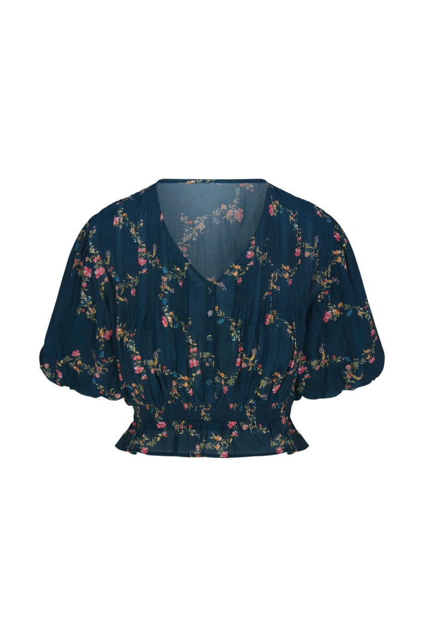 Women's Maeve V-Neck Short Puff Sleve Smocked Waist Crop Top, Multi