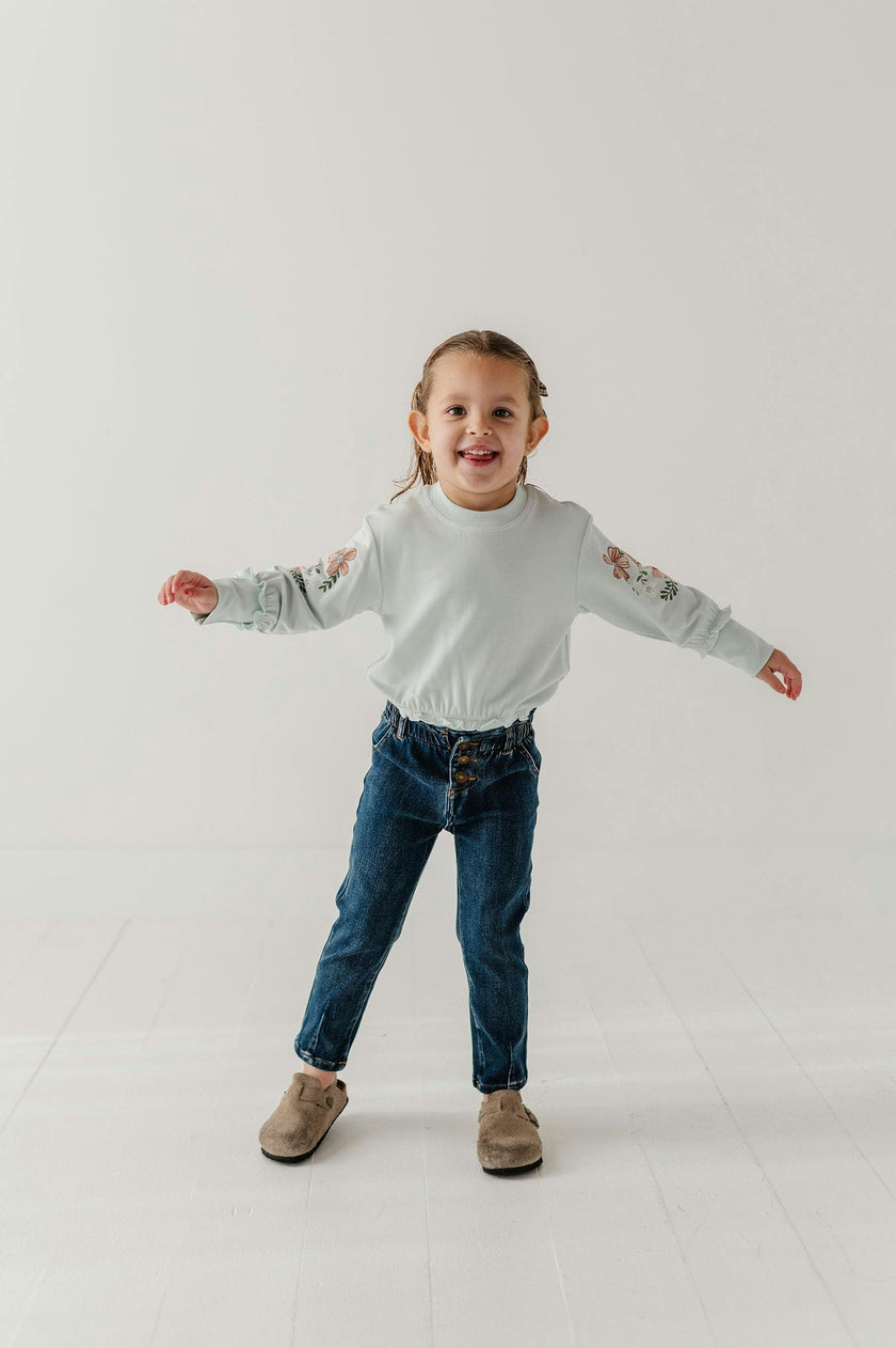 Girls Paperbag Denim Pants in Dark Blue Wash