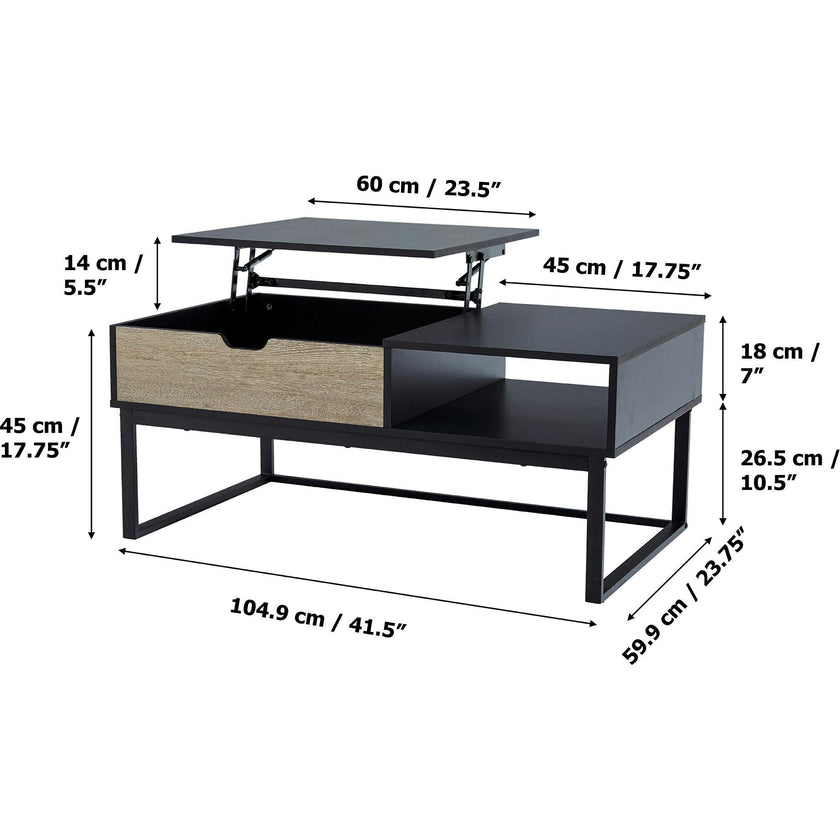 Bryson Two-Tone Natural Wood Grain Color with Manual Lift and Lower Top Coffee Table Desk with Open Storage and Metal Legs