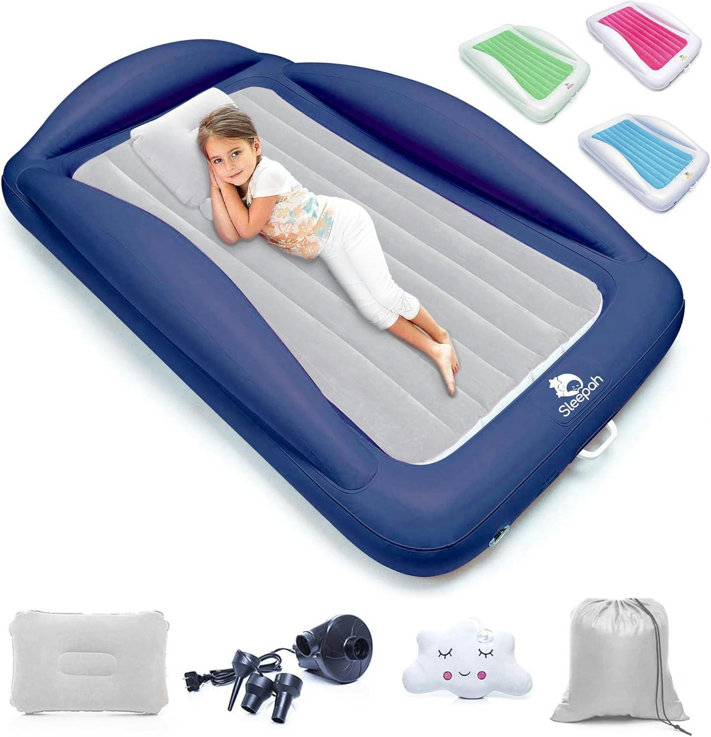 Inflatable Toddler Travel Bed – Kids Blow Up Air Mattress + Safety Bumpers