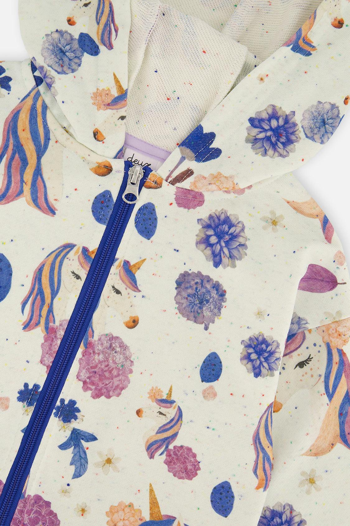 Hooded Zipped French Terry Cardigan Beige Unicorn Print