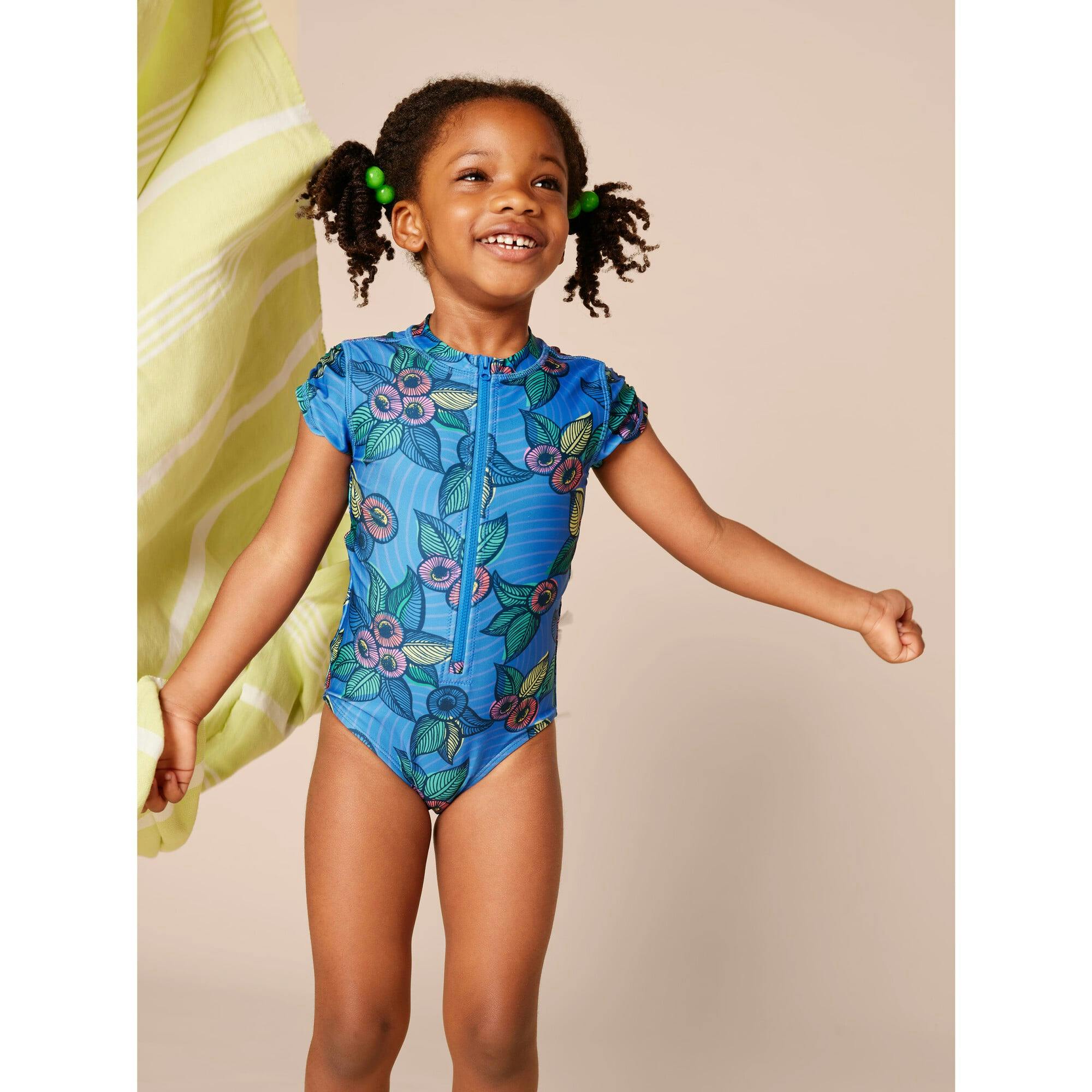 Short Sleeve Zipped Rash Guard One-Piece Swimsuit, Blue