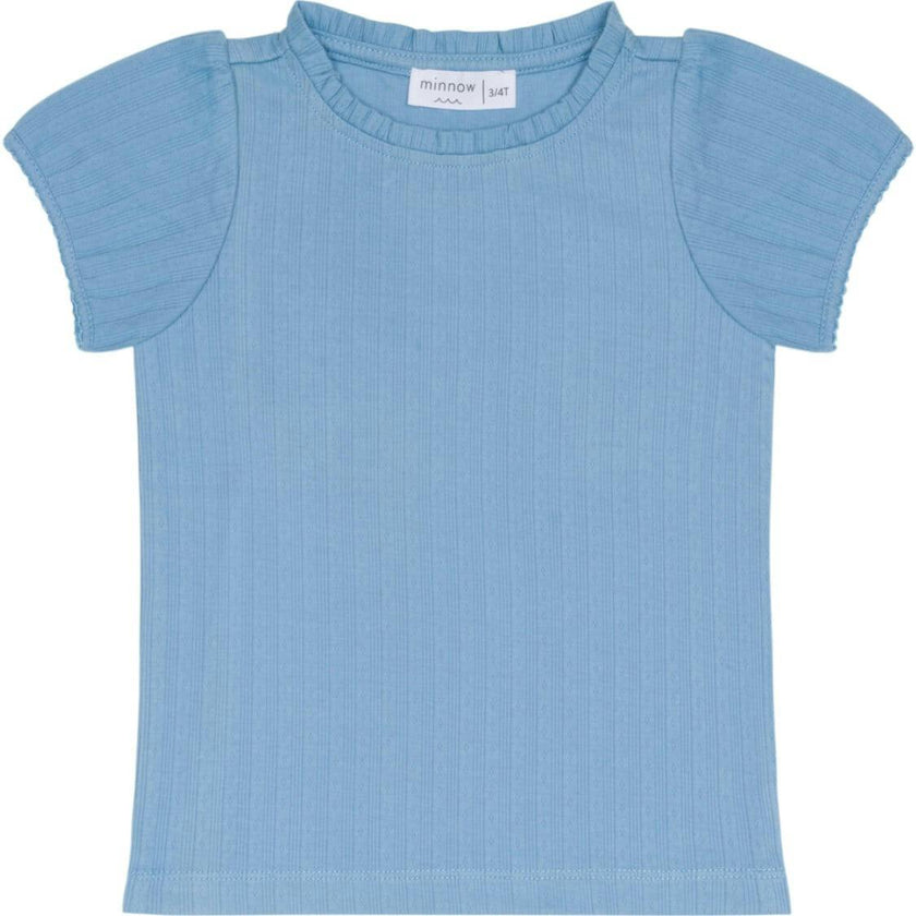 girls dusk blue ruffle pointelle puff sleeve shirt