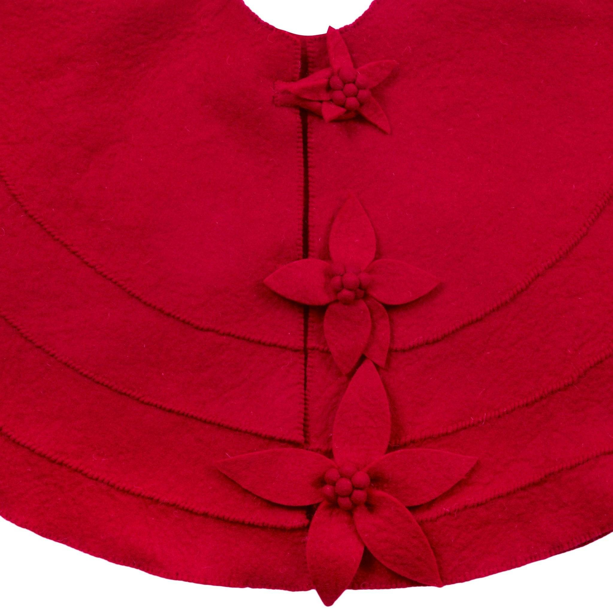 Red Poinsettia Buttons Christmas Tree Skirt Hand Felted Wool - 60