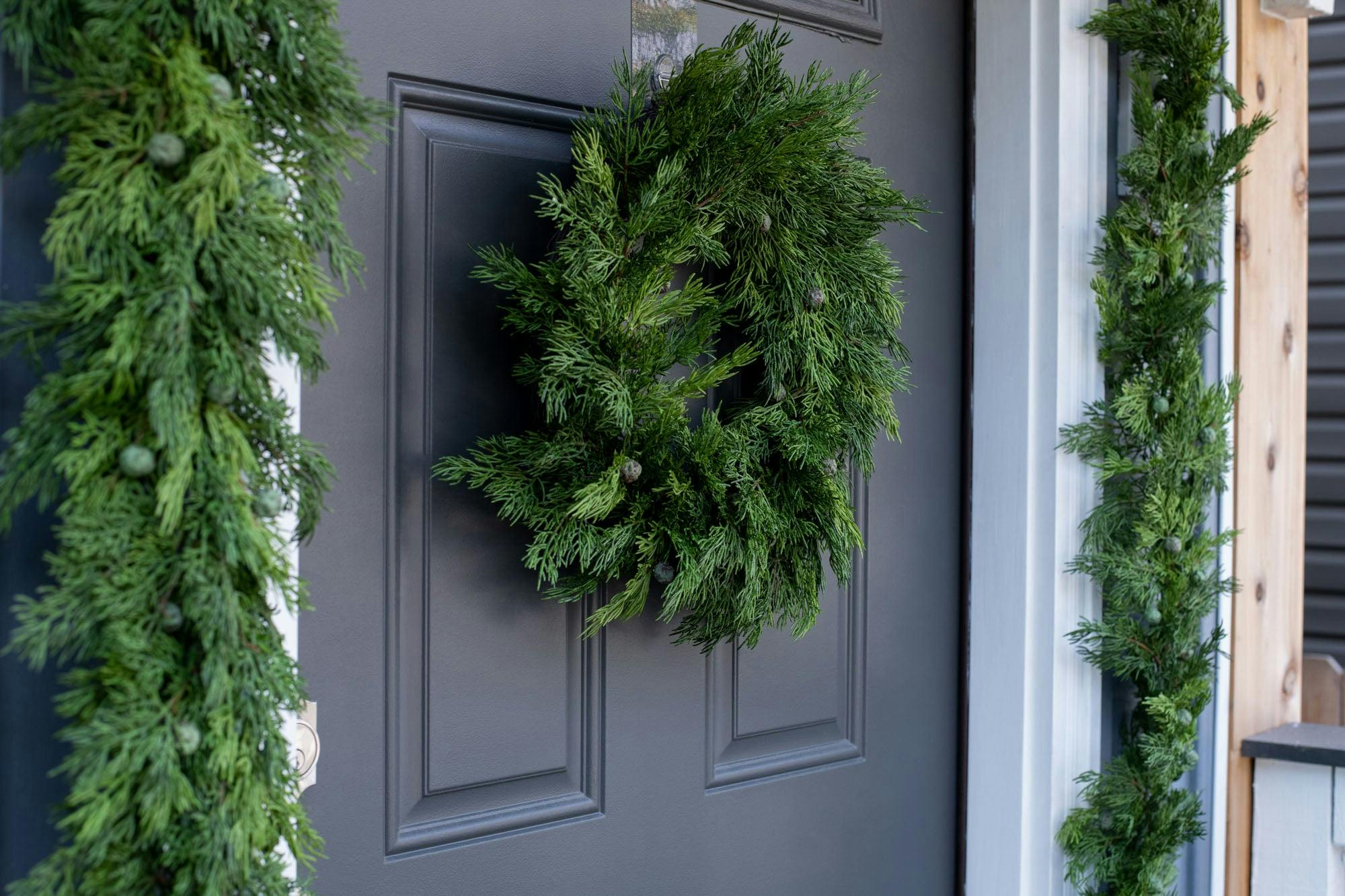 Seeding Real Touch Juniper Berry Faux Greenery Front Door Mantle Wreath 18