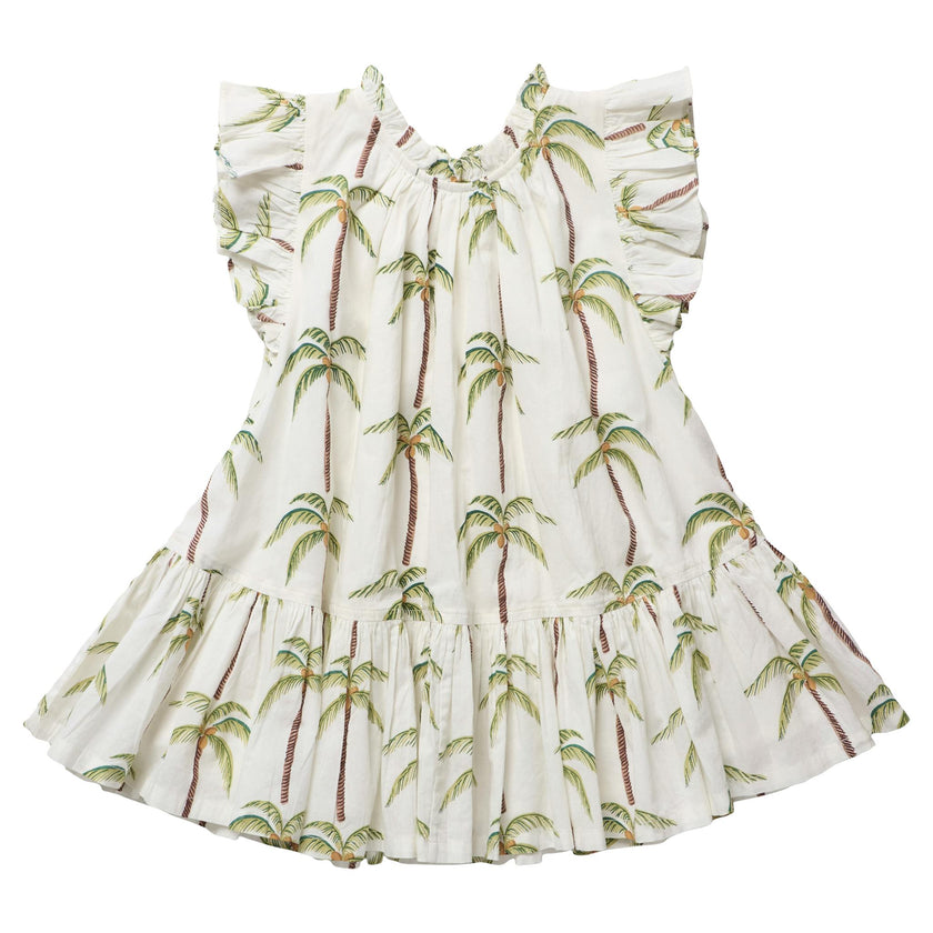 Girls Harper Dress - Cream Palm Trees