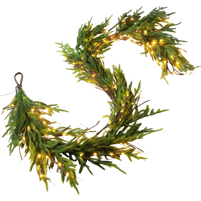 Twig Light & Real Touch Green Norfolk Pine Pre-Lit Winter Christmas Mantle Garland Table Runner