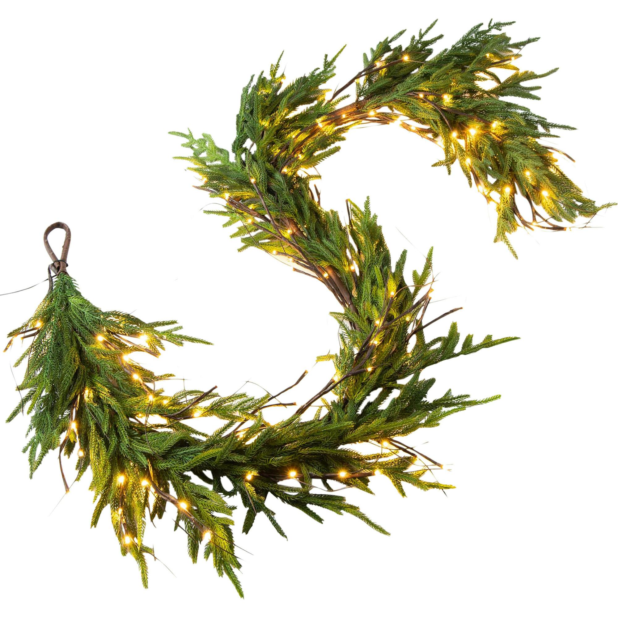 Twig Light & Real Touch Green Norfolk Pine Pre-Lit Winter Christmas Mantle Garland Table Runner