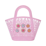 Packed Party Petal Party Pink Silicone Woven Basket with 6 Floral Twisty Charms - Lightweight Open Weave Carryall, 16x10.4 Inch with 15 Inch Handle