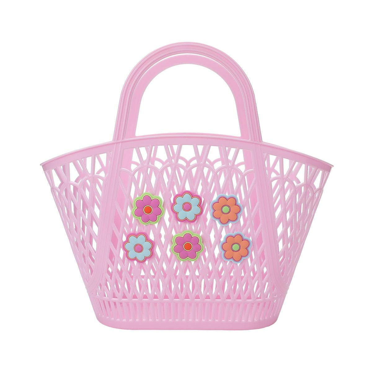 Packed Party Petal Party Pink Silicone Woven Basket with 6 Floral Twisty Charms - Lightweight Open Weave Carryall, 16x10.4 Inch with 15 Inch Handle