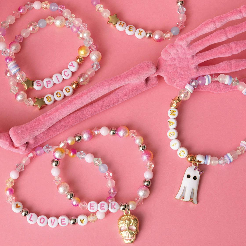 Skull Shaped Jar Gold Skull Charm Pink and White Letter Beads DIY Jar