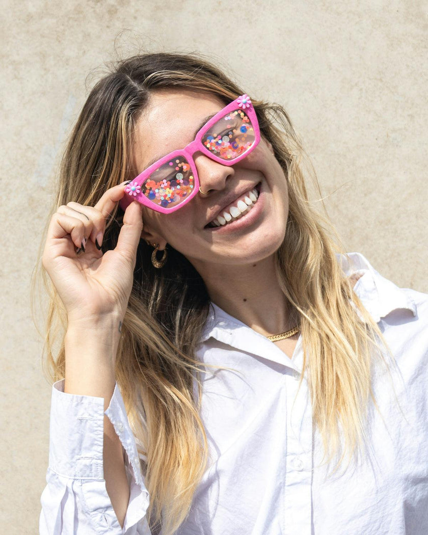 Packed Party Vitamin Me Confetti Novelty Sunglasses - Pink Checkered Frames with 3D Silicone Flowers and Multicolor Confetti Lenses, 2x6 Inch, One Size